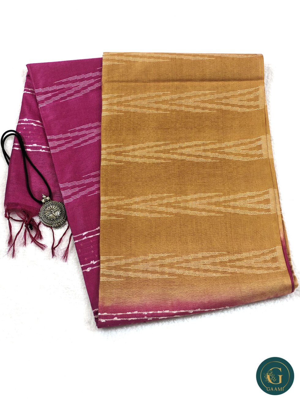 Bhagalpuri Cotton Saree in Magenta and Yellow Double shade with thread work