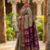 Kalyani Cotton Saree in Light Khakhi with Purple Border