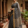 Semi Tussar Saree in Grey Colour with Zari and Golden Border