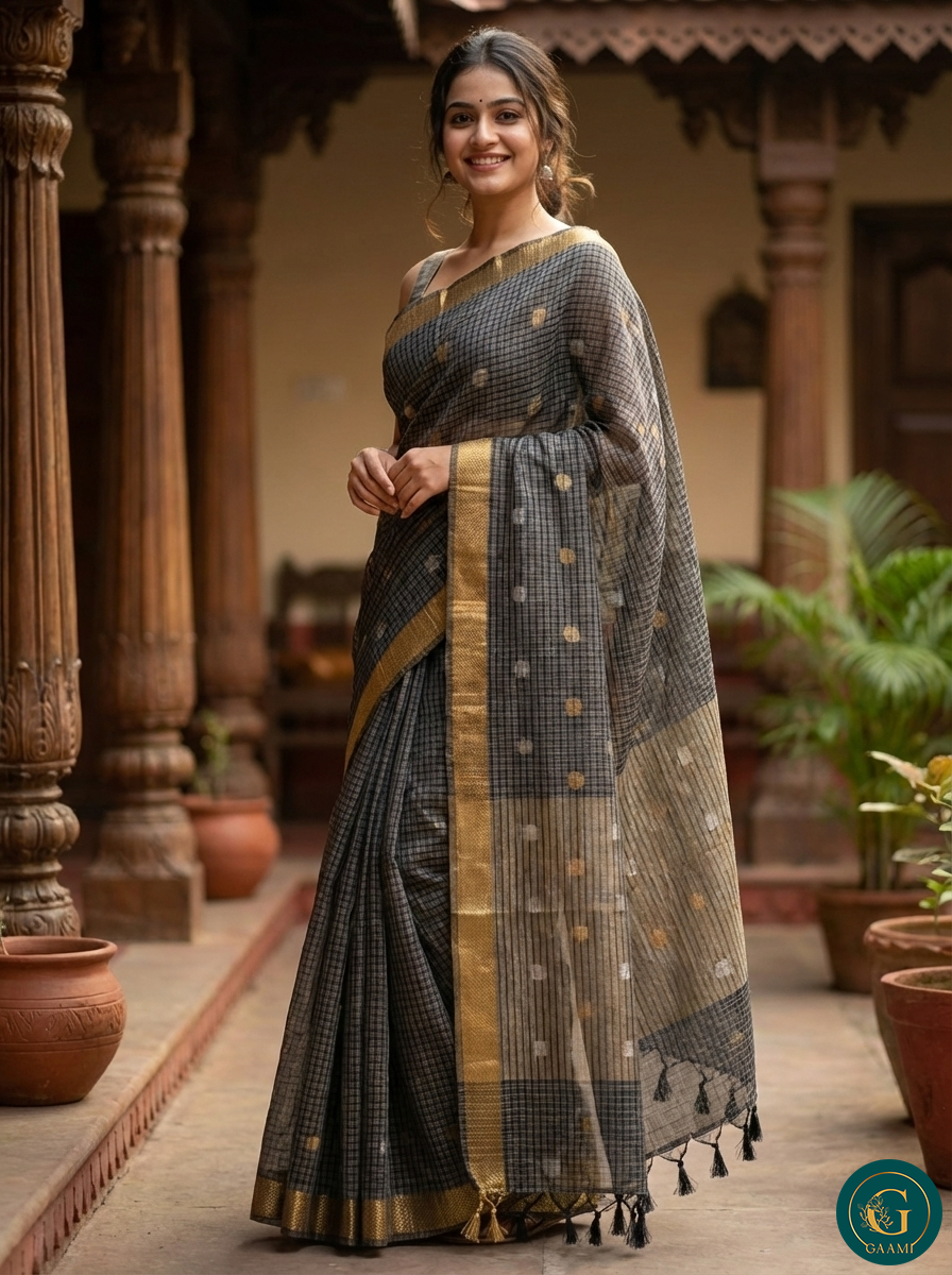 Semi Tussar Saree in Grey Colour with Zari and Golden Border