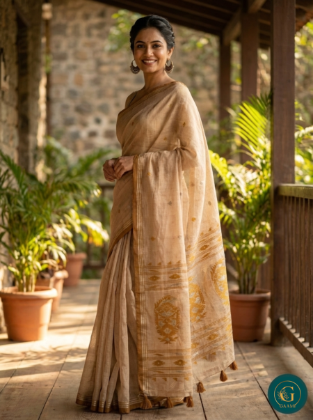 Semi Chanderi Saree in Yellow Colour with Thread Work