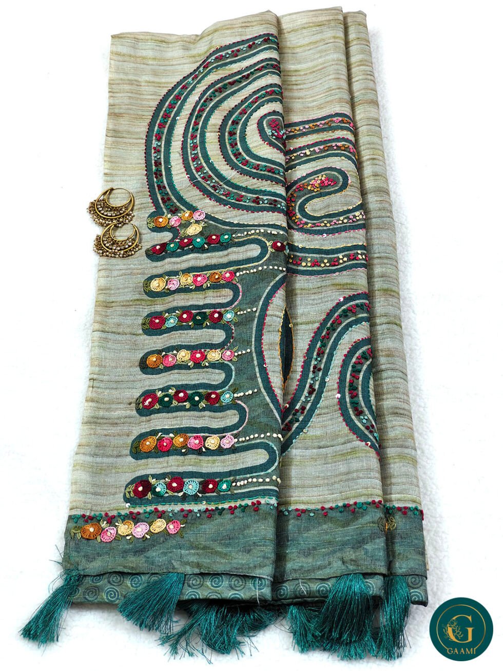 Semi Tussar Saree in Green Colour with French Knot Embroidery