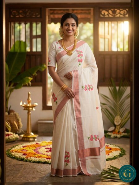 Kerala Saree in Copper Kasavu with Beautiful Floral Embroidery