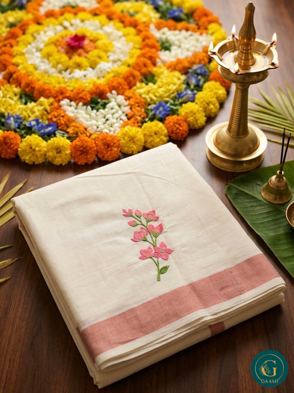 Kerala Saree in Copper Kasavu with Beautiful Floral Embroidery