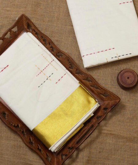 Kerala Saree With Check Embroidery and Golden Kasavu