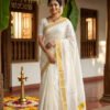 Kerala Saree With Check Embroidery and Golden Kasavu