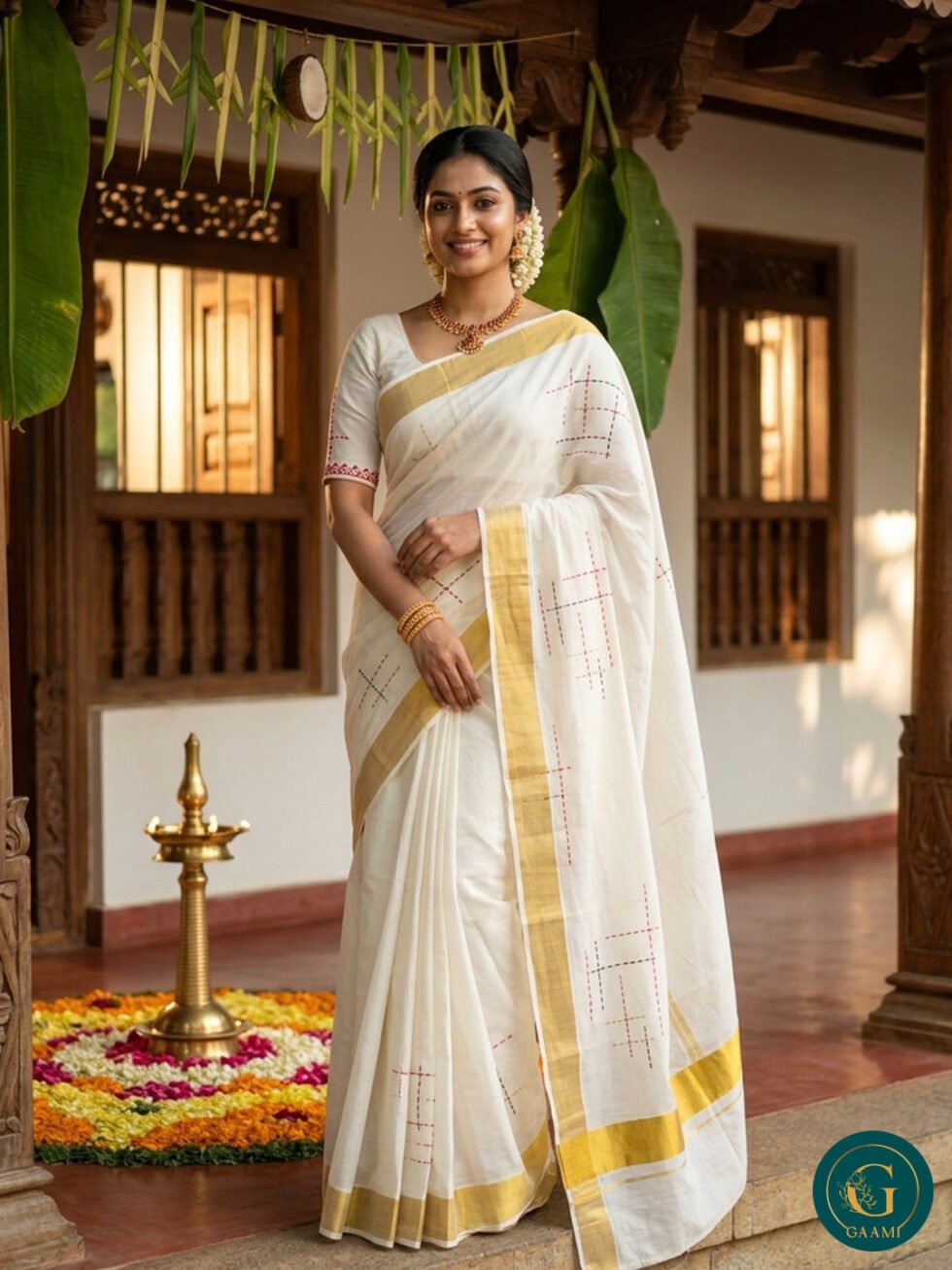 Kerala Saree With Check Embroidery and Golden Kasavu
