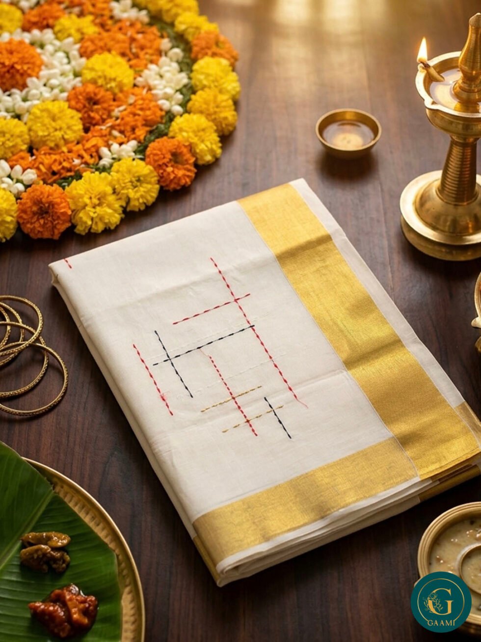Kerala Saree With Check Embroidery and Golden Kasavu