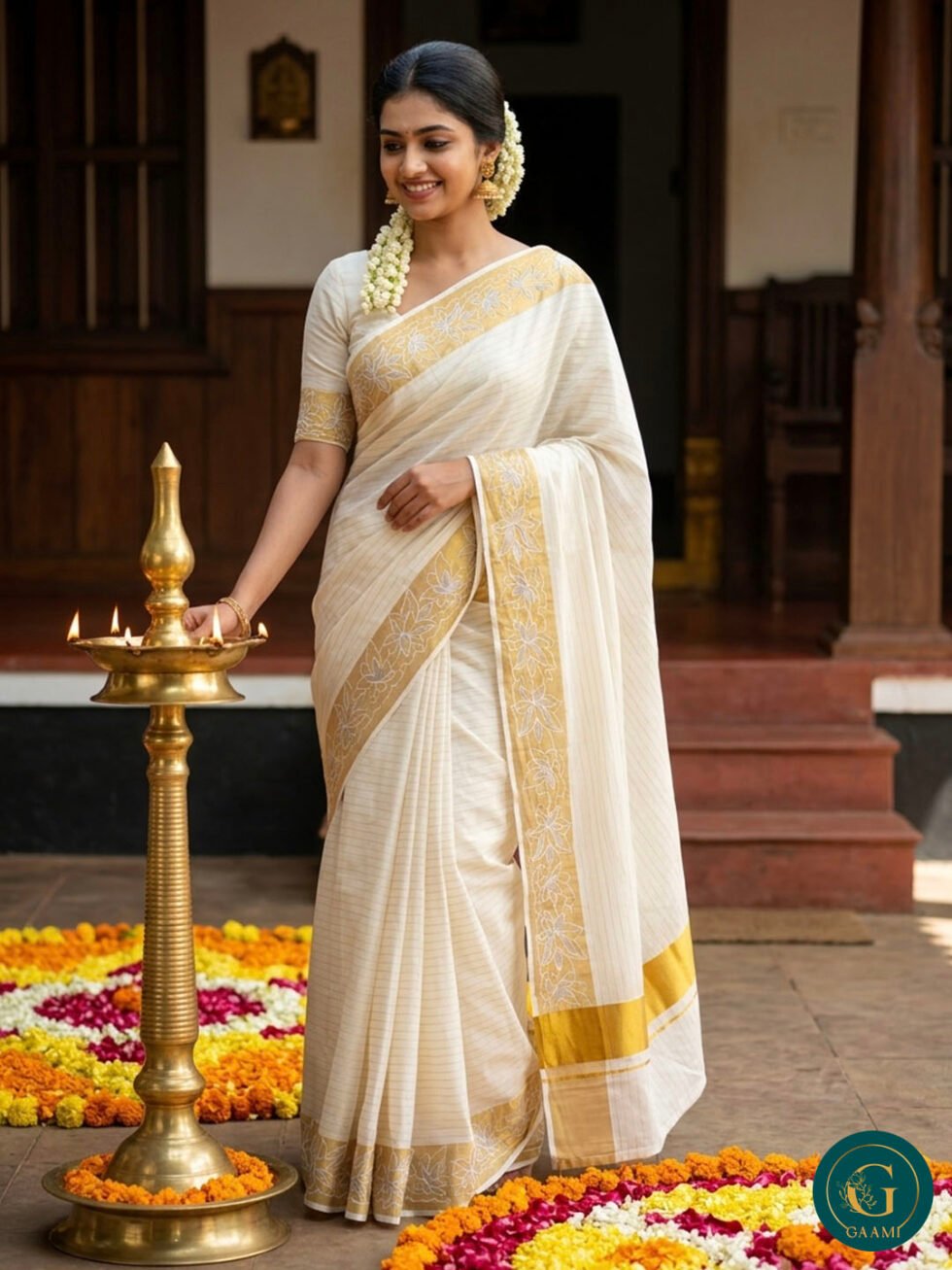 Kerala Saree in Copper Kasavu with Floral Embroidery