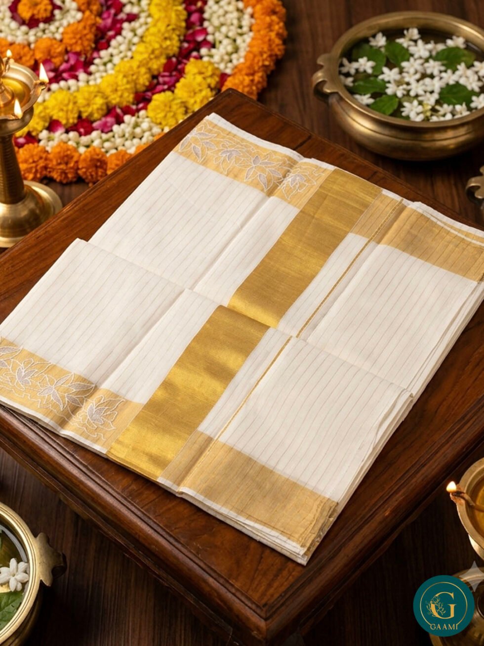 Kerala Saree in Copper Kasavu with Floral Embroidery