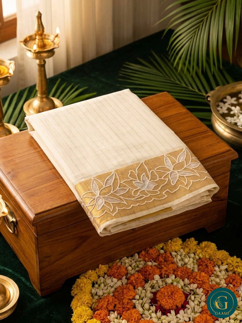 Kerala Saree in Copper Kasavu with Floral Embroidery