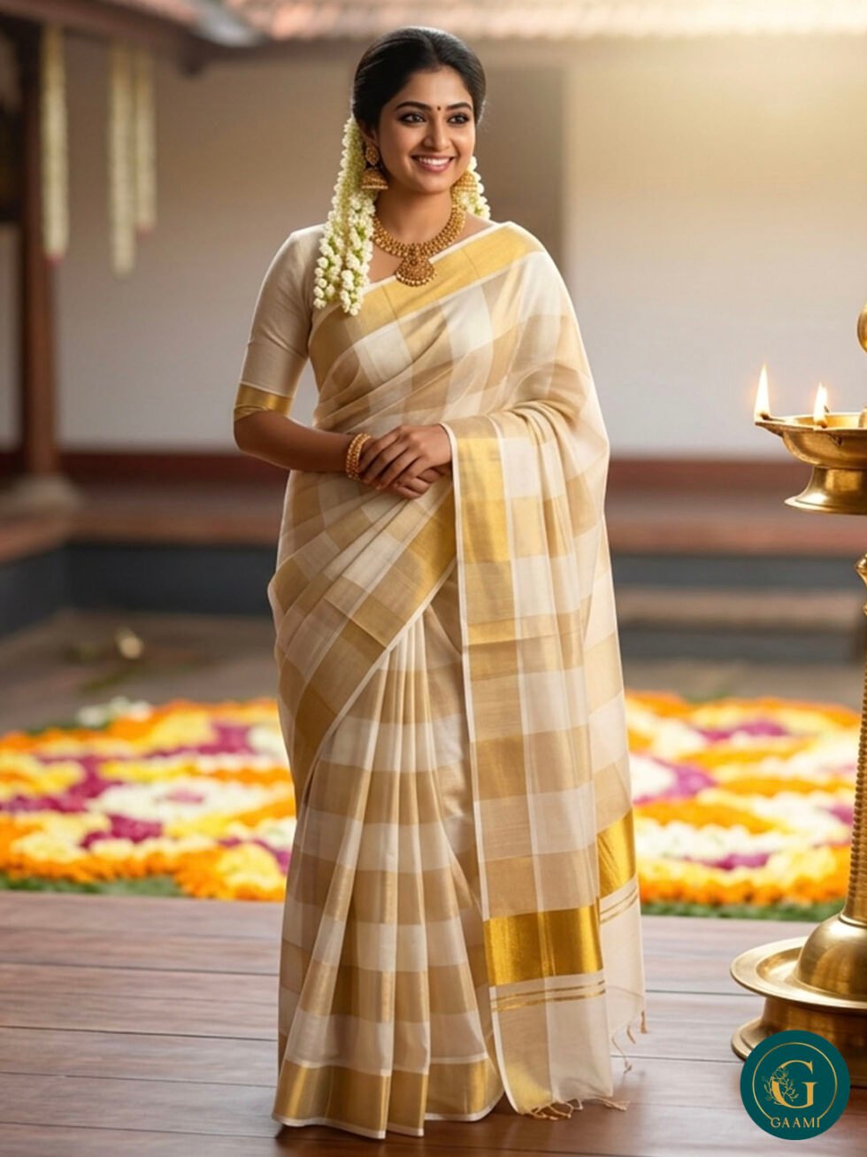 Kerala Tissue Saree with Kasavu Border and Golden Broad Stripes