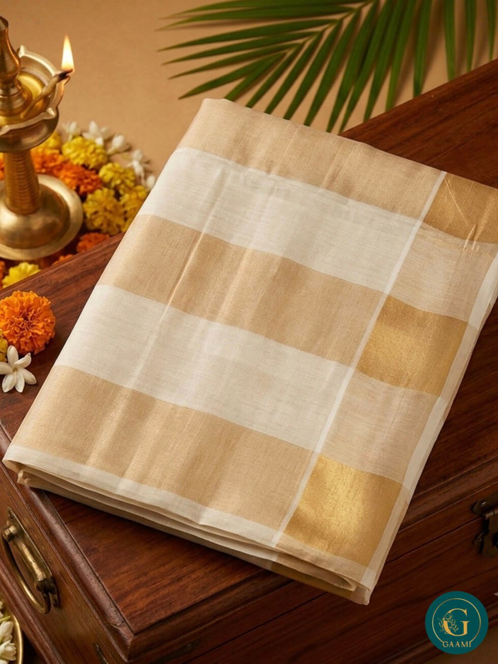 Kerala Tissue Saree with Kasavu Border and Golden Broad Stripes