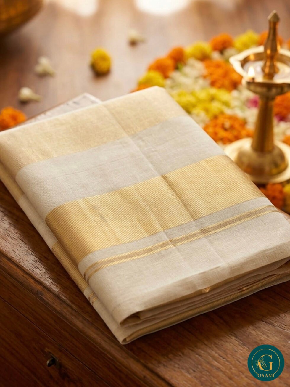 Kerala Tissue Saree with Kasavu Border and Golden Broad Stripes