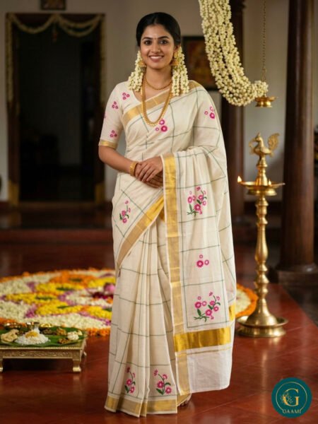 Kerala Kasavu Saree With Pink Floral and Box Embroidery