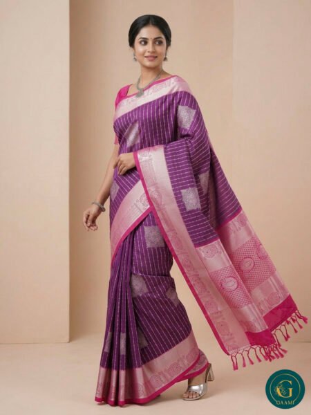 Semi Silk Soft Saree Magenta and Pink Boarder