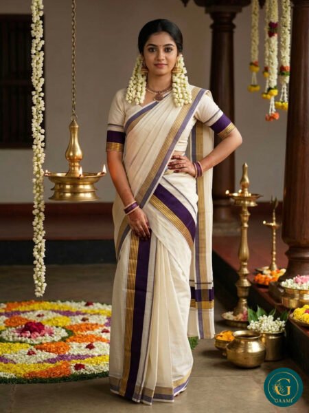 Single Set Mundu With Purple and Gold Kara